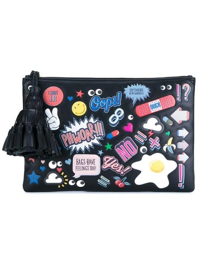 Anya Hindmarch Leather Sticker Clutch Bag In Black