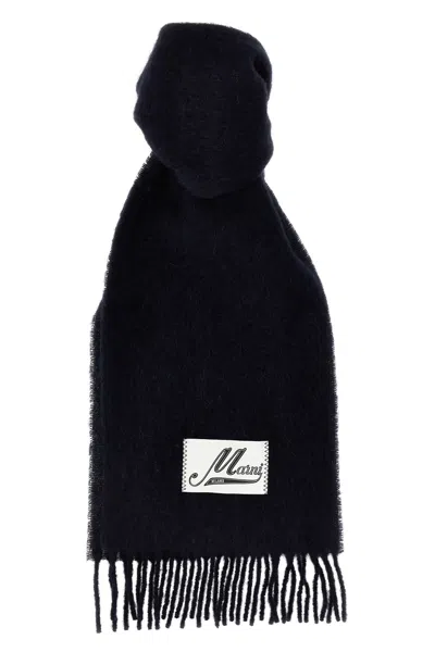 Marni Fringed Wool Blend Scarf With Maxi Logo Patch In Black