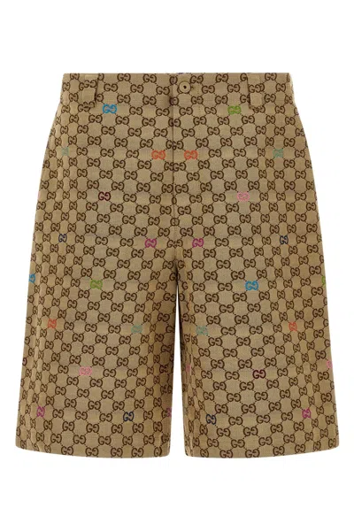 Gucci Men Beige Bermuda Pants With Belt Loops In Gg Canvas Man In Multi