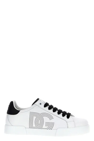 Dolce & Gabbana Portofino' White Low Top Sneakers With Perforated Logo In Leather In Multi