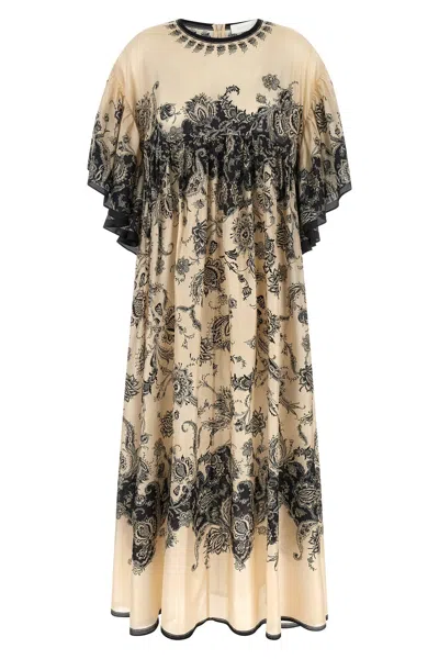 Zimmermann Long Silk Dress With Contrasting Floral Print And Ruching In Multi