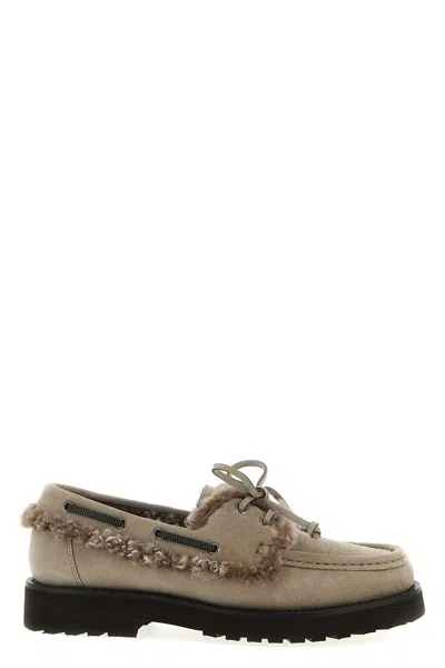 Brunello Cucinelli Luxe Fur Trim Loafers With Suede Finish In Gray