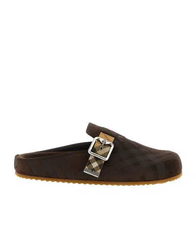 Burberry Strap Patterned Round Toe Rubber Sole Slip-on In Brown