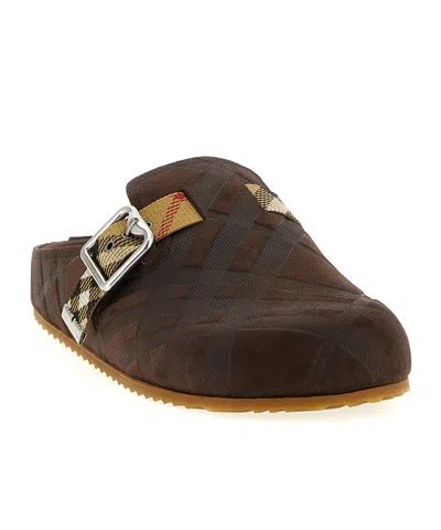 Burberry Strap Patterned Round Toe Rubber Sole Slip-on In Brown