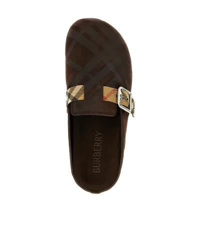 Burberry Strap Patterned Round Toe Rubber Sole Slip-on In Brown