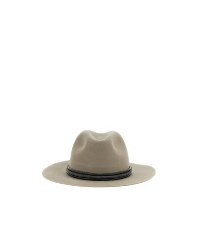 Brunello Cucinelli Fedora Hat With Tubular Leather Band And Monile Detail In Gray