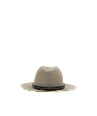 Brunello Cucinelli Fedora Hat With Tubular Leather Band And Monile Detail In Gray
