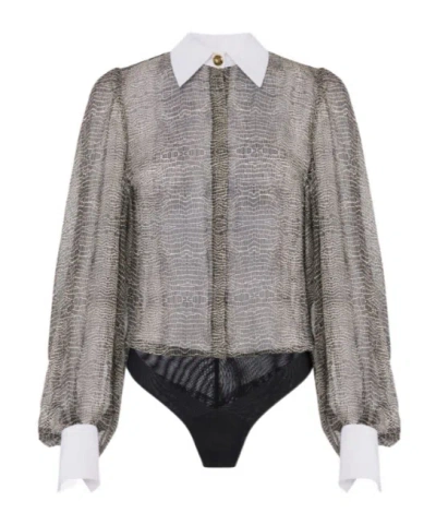 Elisabetta Franchi Silk Bodysuit With Delicate Reptile Scale Pattern In Black