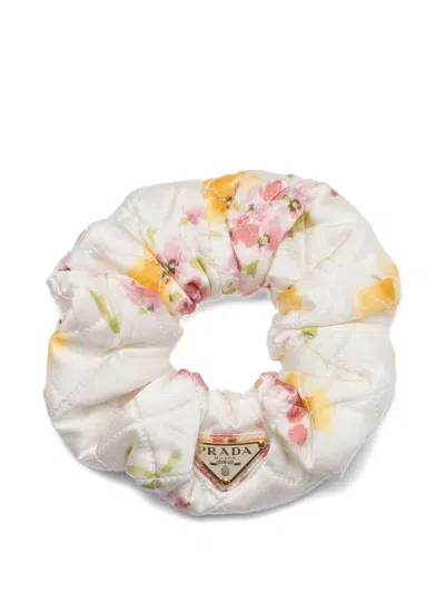 Prada Womens Pink Floral-print Satin Hair Scrunch In White