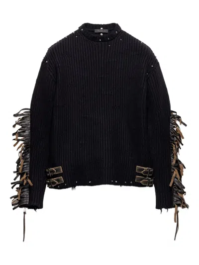 Prada Wool Crew-neck Sweater With Fringe And Studs In Black
