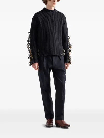Prada Wool Crew-neck Sweater With Fringe And Studs In Black