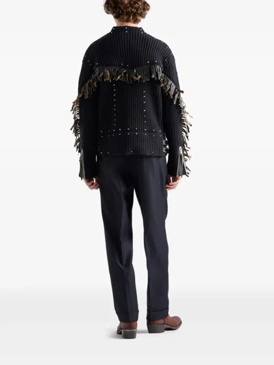 Prada Wool Crew-neck Sweater With Fringe And Studs In Black