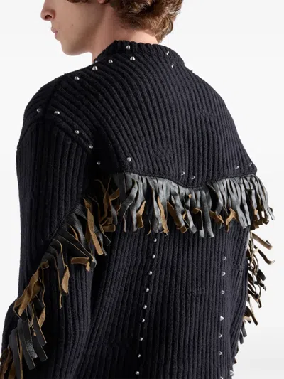 Prada Wool Crew-neck Sweater With Fringe And Studs In Black