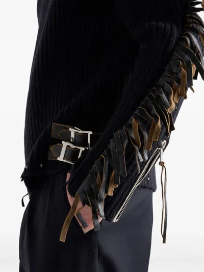 Prada Wool Crew-neck Sweater With Fringe And Studs In Black