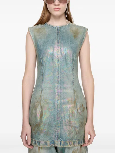 Acne Studios Distressed Foiled Denim Mini Dress In Blue