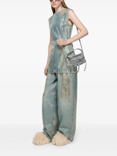 Acne Studios Distressed Foiled Denim Mini Dress In Blue