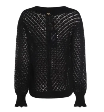 Twinset Open-knit Ruffled-cuff Sweater In Black