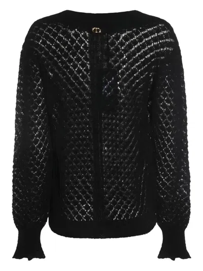 Twinset Open-knit Ruffled-cuff Sweater In Black