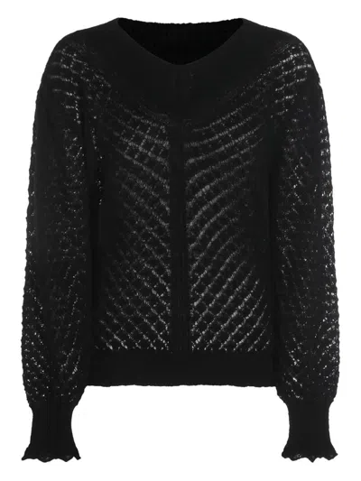 Twinset Open-knit Ruffled-cuff Sweater In Black