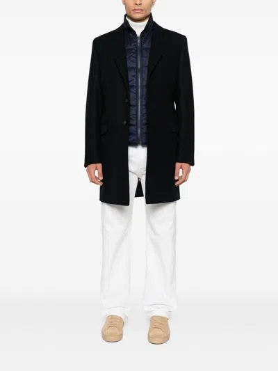 Fay Layered Navy Blue Coat With Button Fastening And Flap Pockets In Black