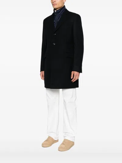 Fay Layered Navy Blue Coat With Button Fastening And Flap Pockets In Black