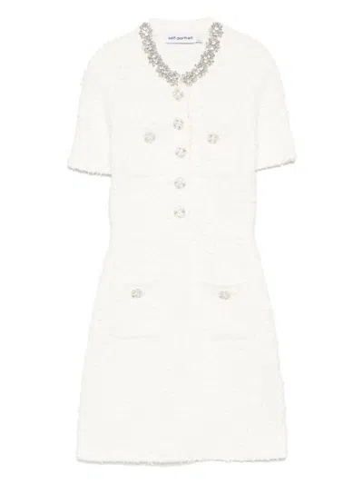 Self-portrait Mini Dress With Knit Tweed Texture And Crystal Accents In White