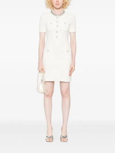 Self-portrait Mini Dress With Knit Tweed Texture And Crystal Accents In White