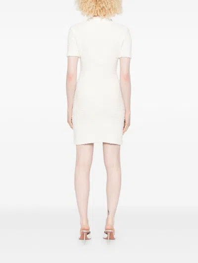 Self-portrait Mini Dress With Knit Tweed Texture And Crystal Accents In White