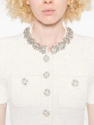 Self-portrait Mini Dress With Knit Tweed Texture And Crystal Accents In White