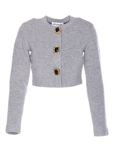 Self-portrait Jewelled-button Wool Cardigan In Gray