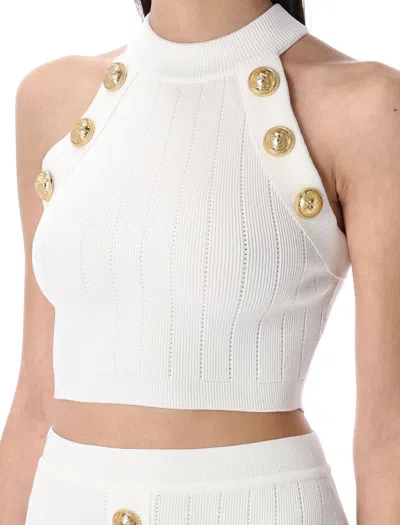 Balmain 6-button Knit Halterneck Top In White