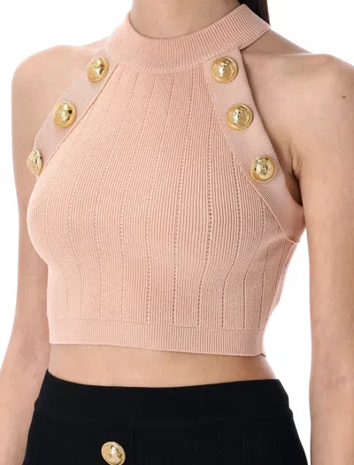 Balmain 6-button Knit Halterneck Top In Pink