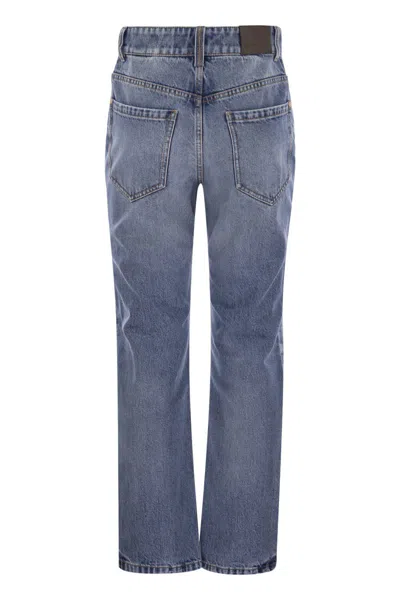 Brunello Cucinelli Authentic Denim Loose Trousers With Shiny Tab In Blue