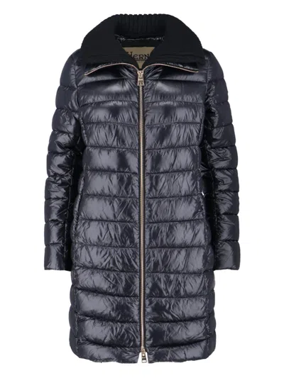 Herno Long Navy Puffer Jacket With Removable Ribbed Collar In Black