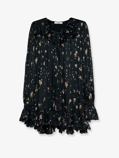 Chloé Gathered Long-sleeve Mini Dress In Silk Charmeuse In Black