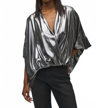 Joseph Ribkoff Metallic Foiled Chiffon Wrap Top In Pewter In Black