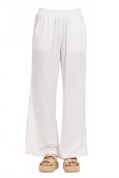 Vintage Havana Washed Linen Wide Leg Pants With Whip Stitch In White In White