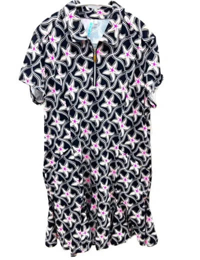 Beachtime Starfish Zip Front Ruffle Hem Dress In Black In Multi