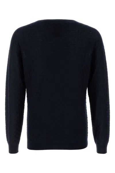 Giorgio Armani Cashmere Blend Crew Neck Sweater With Textured Pattern In Blue