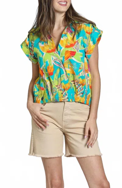 Apny Print Wrap Front Cotton High-low Top In Green