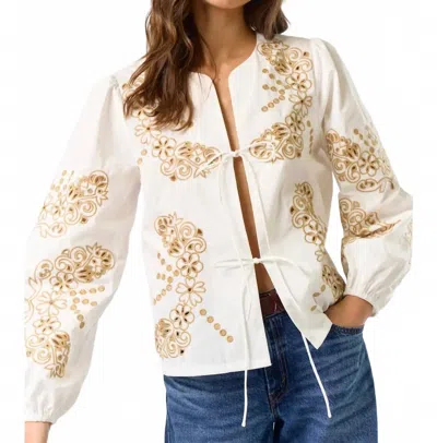 Lalavon Floral Embroidered Front Tie Top In White In White