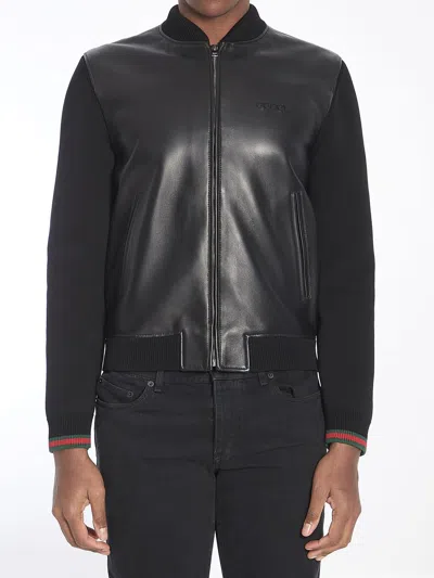 Gucci Black Bomber Jacket With Front Logo In Nappa Leather And Mesh Man In Black