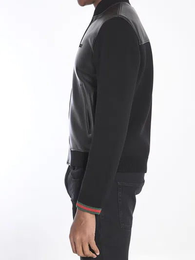Gucci Black Bomber Jacket With Front Logo In Nappa Leather And Mesh Man In Black