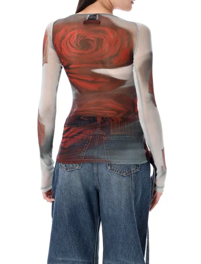 Jean Paul Gaultier Women Blurry Roses Medaillon Print Mesh Boat Neck Top In Brown