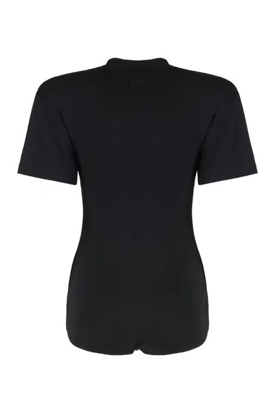 Magda Butrym Ribbed Knit Padded Shoulder Bodysuit In Black