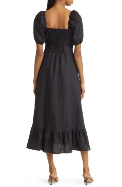 & Other Stories Linen Puff Sleeve Midaxi Dress With Twist Sweetheart Neckline In Black