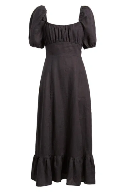 & Other Stories Linen Puff Sleeve Midaxi Dress With Twist Sweetheart Neckline In Black