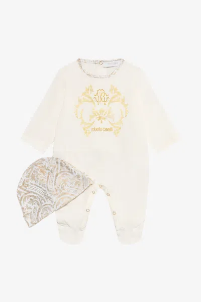 Roberto Cavalli Milk White Romper And Hat Set With Floral Print In Multi