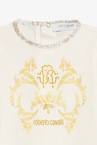 Roberto Cavalli Milk White Romper And Hat Set With Floral Print In Multi