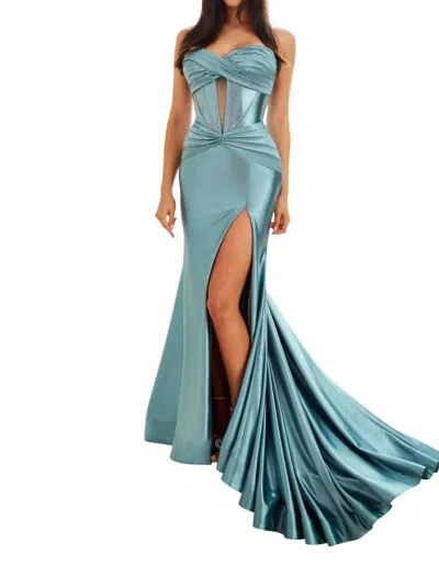 Ellie Wilde Strapless Twist Sweetheart Stone Fit-and-flare Gown In Sea Glass In Blue